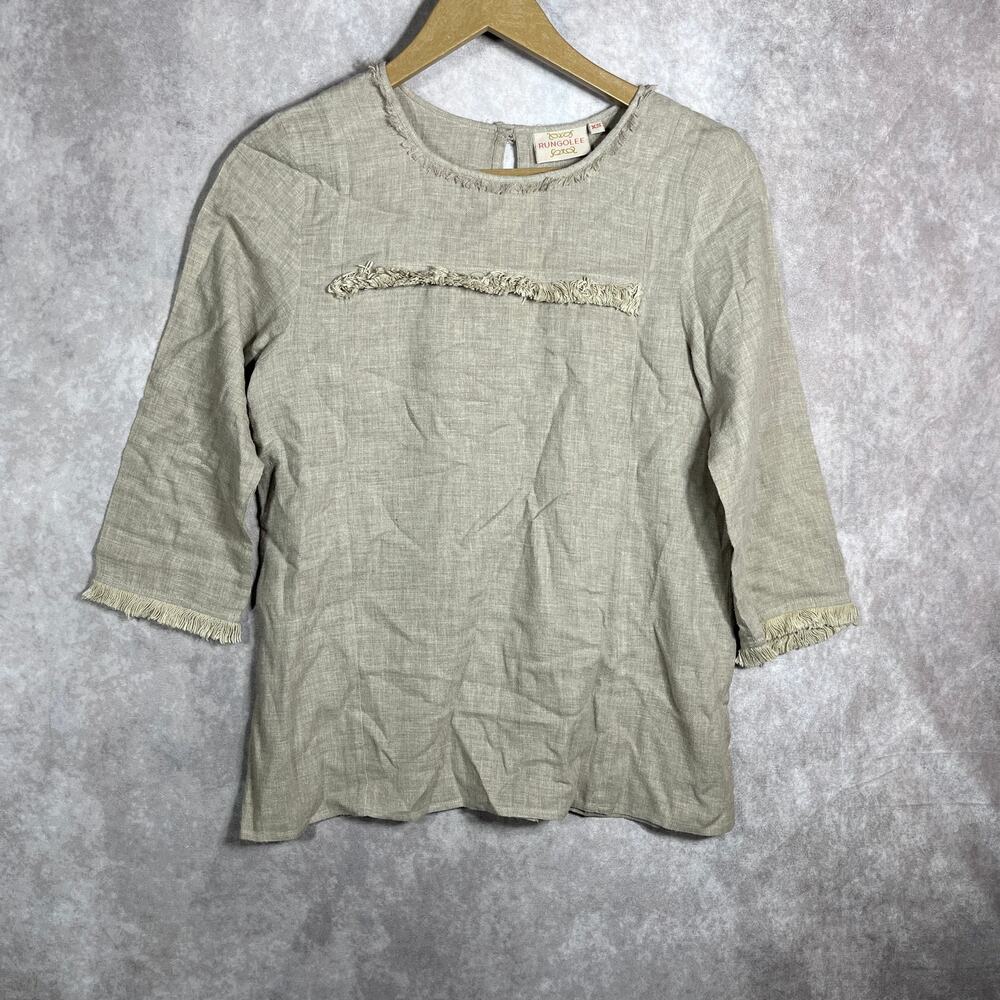 Rungolee Blouse Womens Size XS Beige Linen Fringe Trim 3/4 Sleeve Boho Lagenlook
